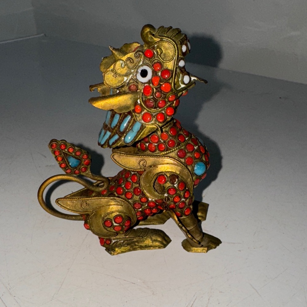 Vtg Tibetan Foo Dog Incense Burner Brass Filigree Turquoise Coral Chinese Dragon